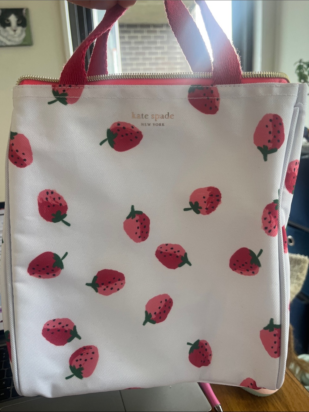 kate spade White Strawberry Print Tote with Pink Handles